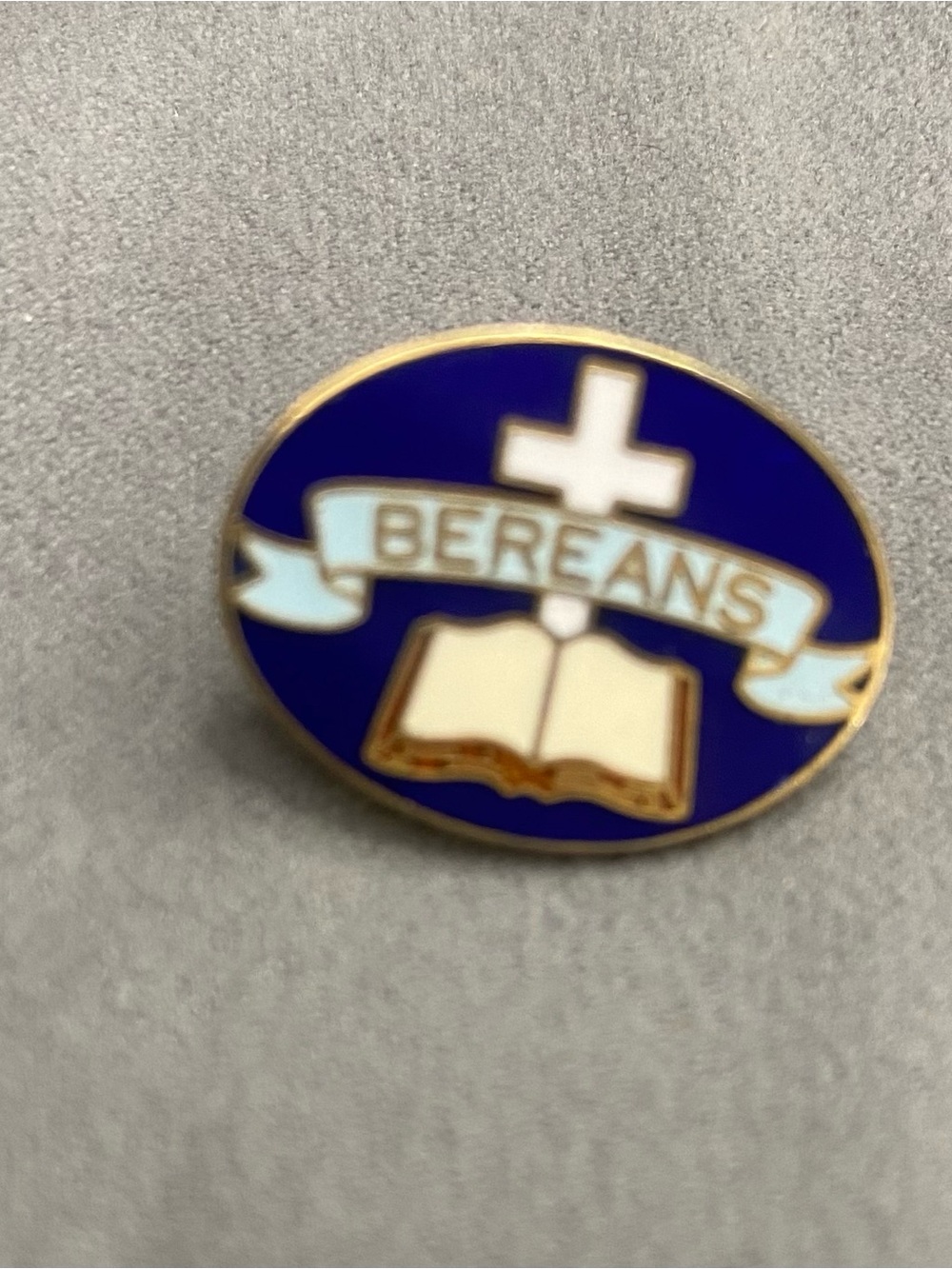 Vintage Bereans Christian Lapel Pin Cross Bible Blue Enamel Religious